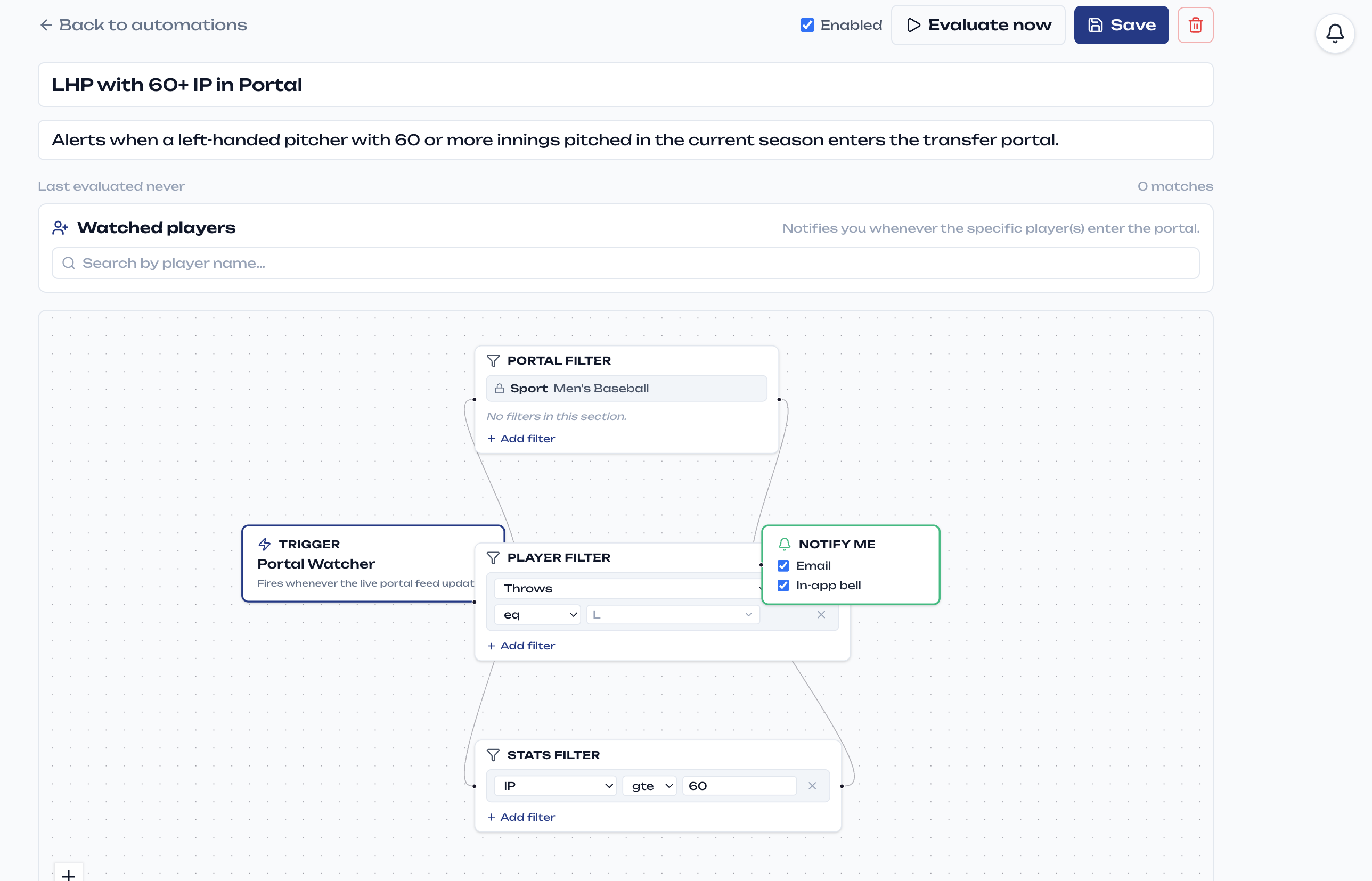 An automation in the Automations tab: a Portal Watcher trigger connected to portal, player, and stats filters, with email and in-app notifications